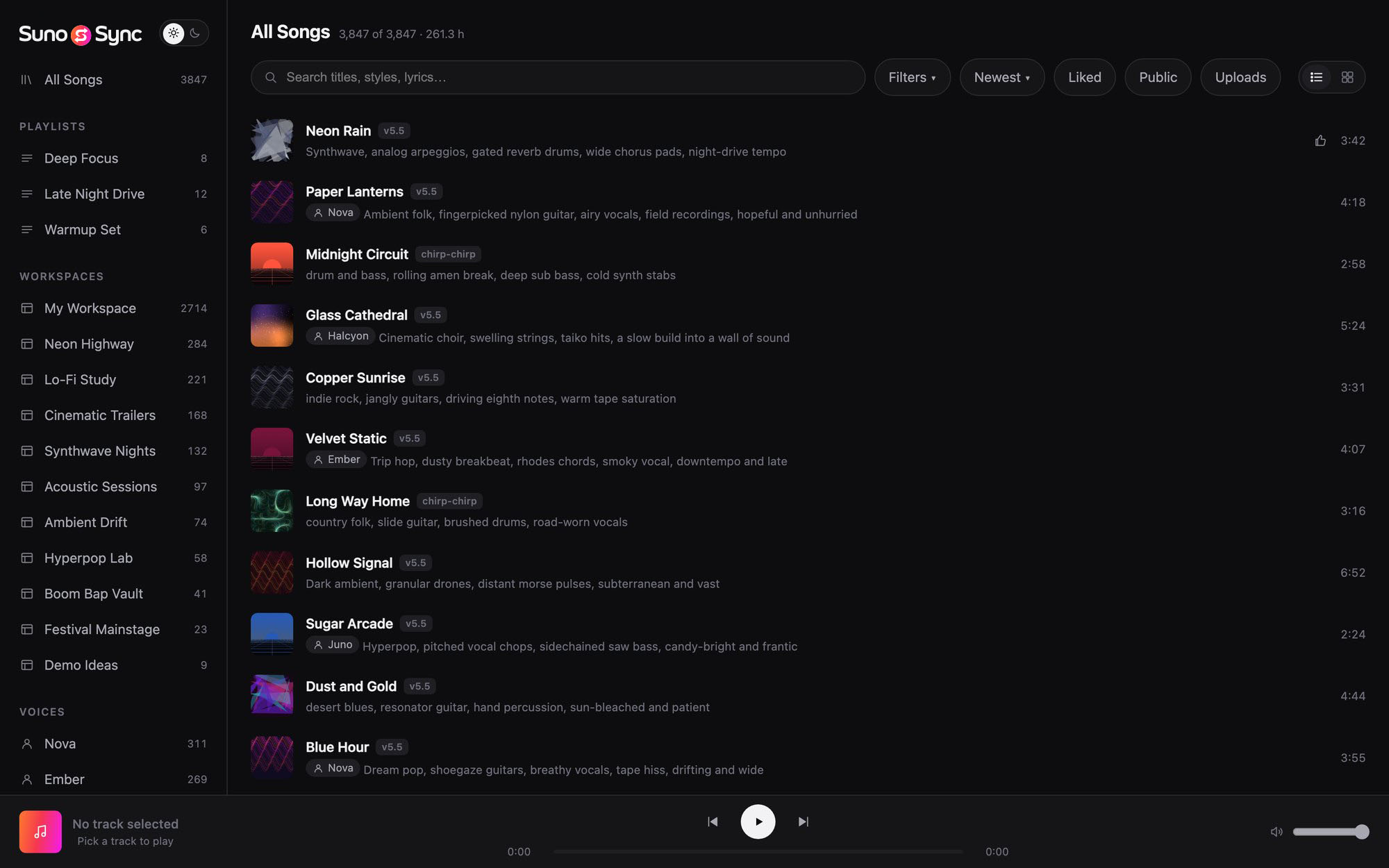 The SunoSync catalogue in its dark theme, listing 3,847 tracks: workspaces
                  and playlists down the left, a cover and the styles beside every row.