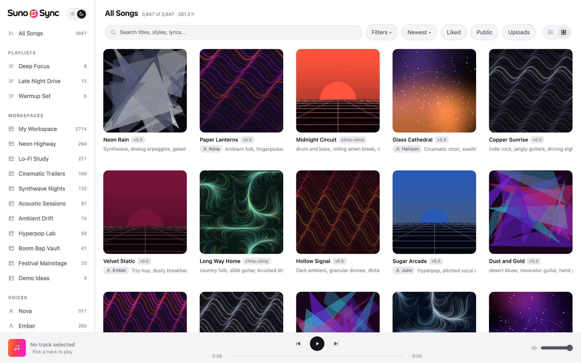 The same catalogue in its light theme, switched to the cover grid.